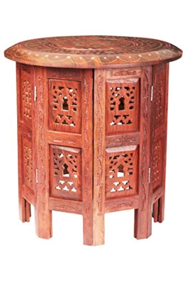 Petite Table Basse Orientale Pliante en Bois Caglanur Marron 38cm Ronde | Table de Chevet d'appoint Marocaine | Guéridon Pliant démontable | Décoration de Salon de Maison en Design Indien marocain – Image 6