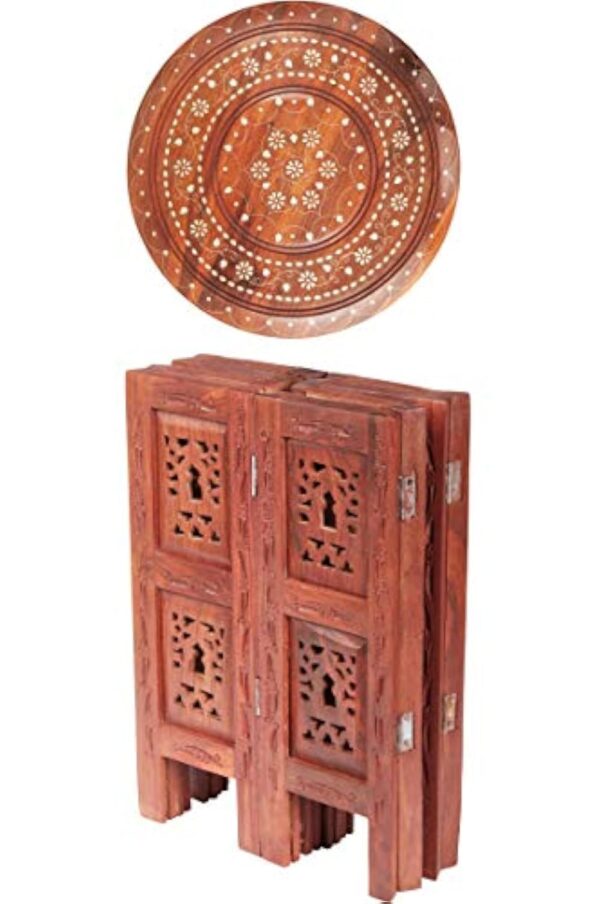 Petite Table Basse Orientale Pliante en Bois Caglanur Marron 38cm Ronde | Table de Chevet d'appoint Marocaine | Guéridon Pliant démontable | Décoration de Salon de Maison en Design Indien marocain – Image 9