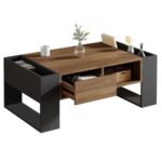 ROYGBIV Table Basse Salon, Table Basse Bois avec tiroir, Rangement Ouvert et Deux Compartiments latéraux. Table Basse Industrielle (Style tiroir-Couleur Bois)