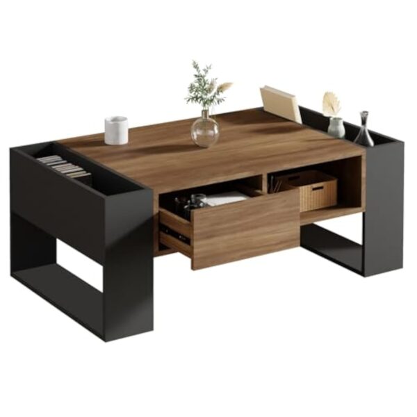 ROYGBIV Table Basse Salon, Table Basse Bois avec tiroir, Rangement Ouvert et Deux Compartiments latéraux. Table Basse Industrielle (Style tiroir-Couleur Bois)