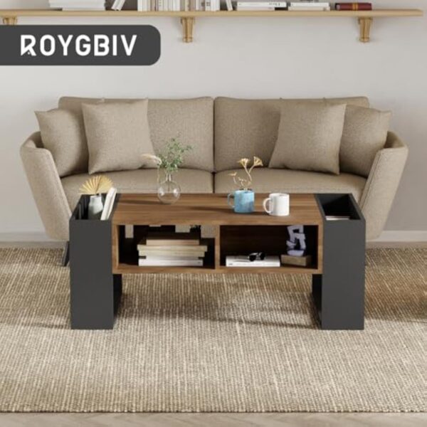 ROYGBIV Table Basse Salon, Table Basse Bois avec tiroir, Rangement Ouvert et Deux Compartiments latéraux. Table Basse Industrielle (Style tiroir-Couleur Bois) – Image 3