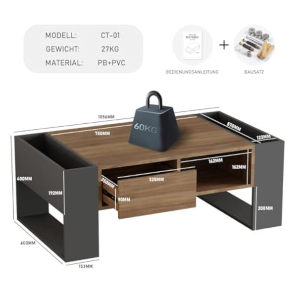 ROYGBIV Table Basse Salon, Table Basse Bois avec tiroir, Rangement Ouvert et Deux Compartiments latéraux. Table Basse Industrielle (Style tiroir-Couleur Bois) – Image 4