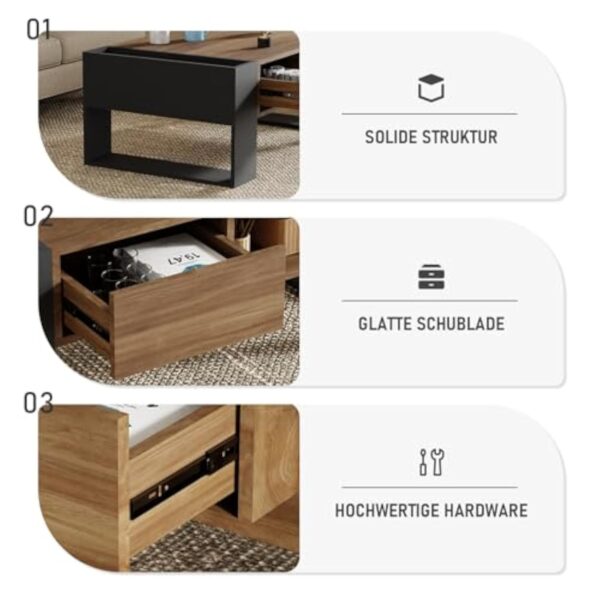 ROYGBIV Table Basse Salon, Table Basse Bois avec tiroir, Rangement Ouvert et Deux Compartiments latéraux. Table Basse Industrielle (Style tiroir-Couleur Bois) – Image 5