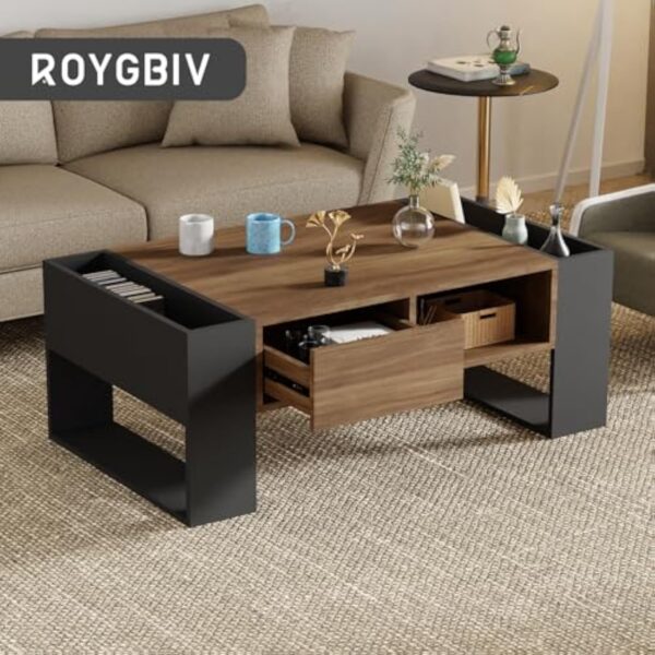 ROYGBIV Table Basse Salon, Table Basse Bois avec tiroir, Rangement Ouvert et Deux Compartiments latéraux. Table Basse Industrielle (Style tiroir-Couleur Bois) – Image 7