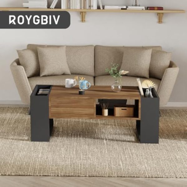 ROYGBIV Table Basse Salon, Table Basse Bois avec tiroir, Rangement Ouvert et Deux Compartiments latéraux. Table Basse Industrielle (Style tiroir-Couleur Bois) – Image 8