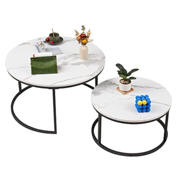 Soayone Lot de 2 Tables Basses Rondes en marbre Blanc avec Structure en métal Noir, Table d'appoint Ronde, Table de Salon Moderne, Tables de Salon pour Salon, Chambre à Coucher, Balcon