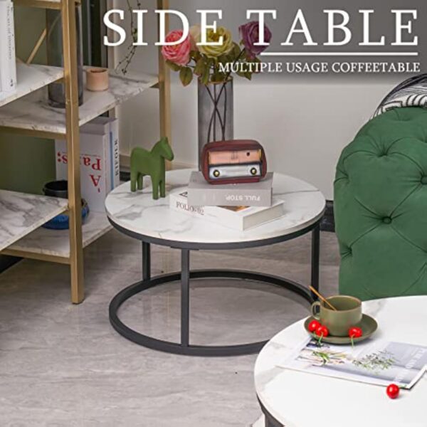 Soayone Lot de 2 Tables Basses Rondes en marbre Blanc avec Structure en métal Noir, Table d'appoint Ronde, Table de Salon Moderne, Tables de Salon pour Salon, Chambre à Coucher, Balcon – Image 4