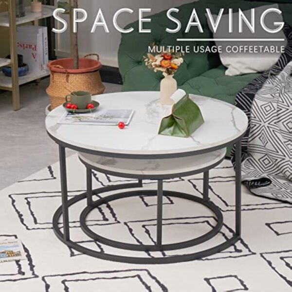 Soayone Lot de 2 Tables Basses Rondes en marbre Blanc avec Structure en métal Noir, Table d'appoint Ronde, Table de Salon Moderne, Tables de Salon pour Salon, Chambre à Coucher, Balcon – Image 5