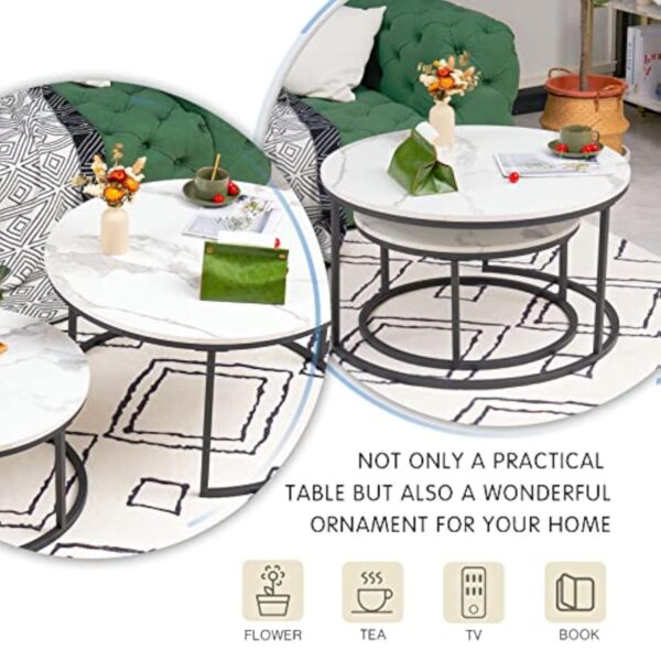 Soayone Lot de 2 Tables Basses Rondes en marbre Blanc avec Structure en métal Noir, Table d'appoint Ronde, Table de Salon Moderne, Tables de Salon pour Salon, Chambre à Coucher, Balcon – Image 6