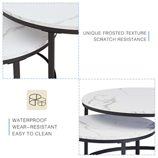 Soayone Lot de 2 Tables Basses Rondes en marbre Blanc avec Structure en métal Noir, Table d'appoint Ronde, Table de Salon Moderne, Tables de Salon pour Salon, Chambre à Coucher, Balcon – Image 7