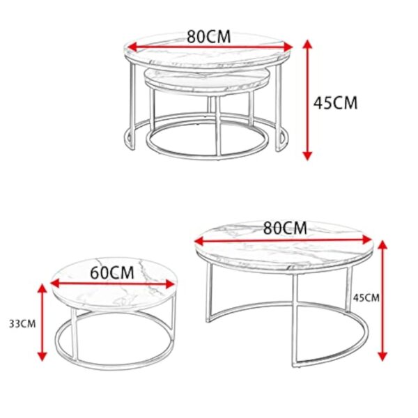 Soayone Lot de 2 Tables Basses Rondes en marbre Blanc avec Structure en métal Noir, Table d'appoint Ronde, Table de Salon Moderne, Tables de Salon pour Salon, Chambre à Coucher, Balcon – Image 8