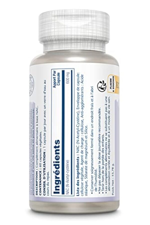 Solaray NAC N-Acetyl-Cysteine 600mg | Antioxydant, système respiratoire | 60 vegcaps – Image 3