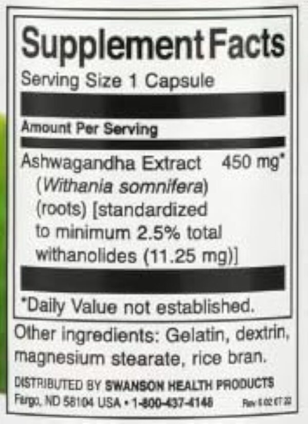 Swanson Ashwagandha Extrait 450mg - 60 Capsules | Supplément Anti-Stress et Adaptogène Naturel pour Équilibre Hormonal et Bien-être Mental