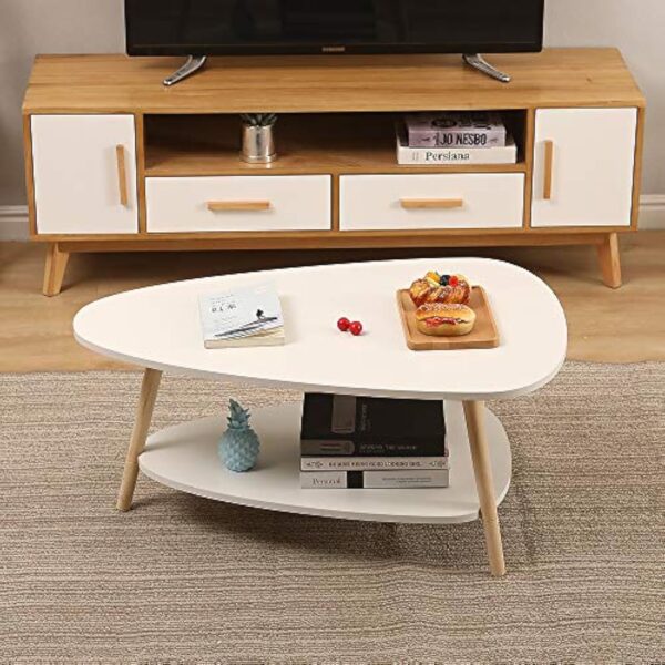 Table Basse Ovale Moderne Table de Salon Table de Canapé avec Pieds en BoisBois d'ingénierie, Table Basse avec étagère, Deux Niveaux, Salon Moderne, HxLxP : 90 * 60 * 40cm – Image 3