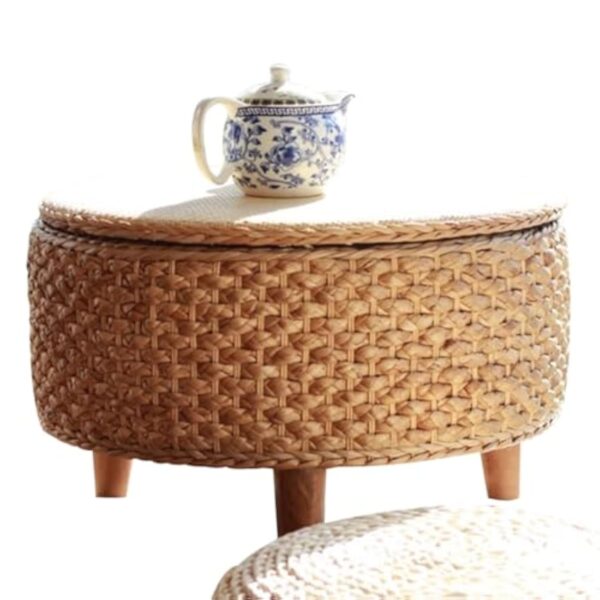Table Basse Ronde Petit Tissage en Rotin De Style Japonais Table À Café avec Espace De Rangement, Accueil De Bureau Fait À La Main Table D'appoint, Cadeau d'anniversaire (Color : Primary Color, S : – Image 2