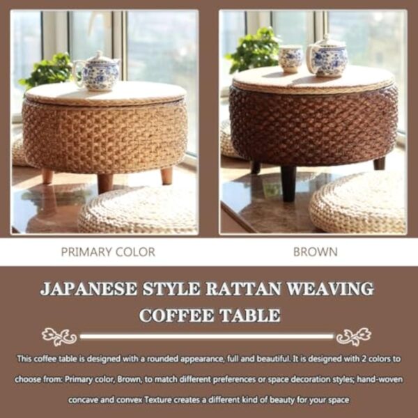 Table Basse Ronde Petit Tissage en Rotin De Style Japonais Table À Café avec Espace De Rangement, Accueil De Bureau Fait À La Main Table D'appoint, Cadeau d'anniversaire (Color : Primary Color, S : – Image 3