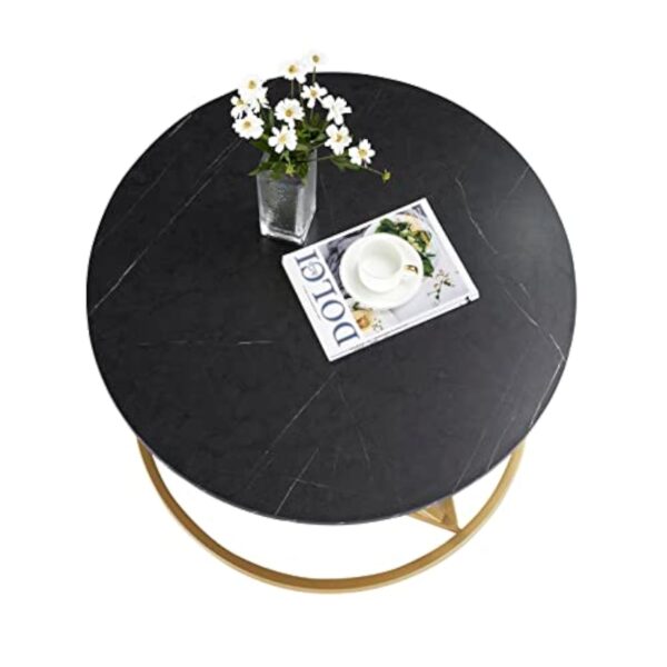 Table d'appoint moderne en marbre avec basse ronde, noire et dorée pour salon, chambre à coucher, bureau, balcon, 1 pièce, φ 80 cm – Image 2
