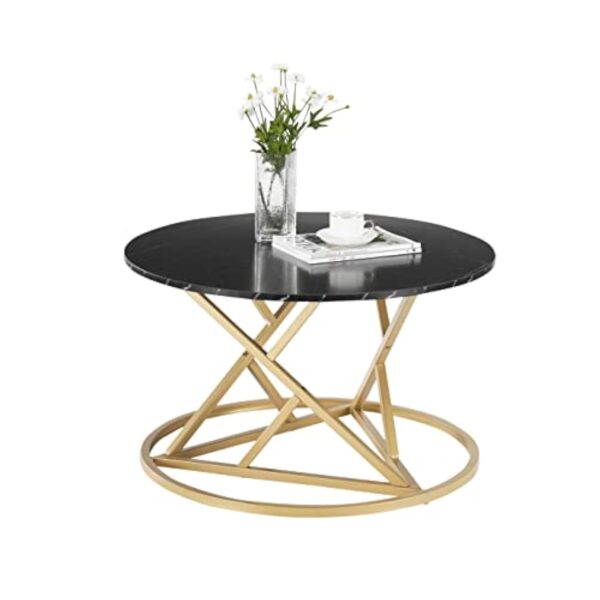 Table d'appoint moderne en marbre avec basse ronde, noire et dorée pour salon, chambre à coucher, bureau, balcon, 1 pièce, φ 80 cm – Image 3
