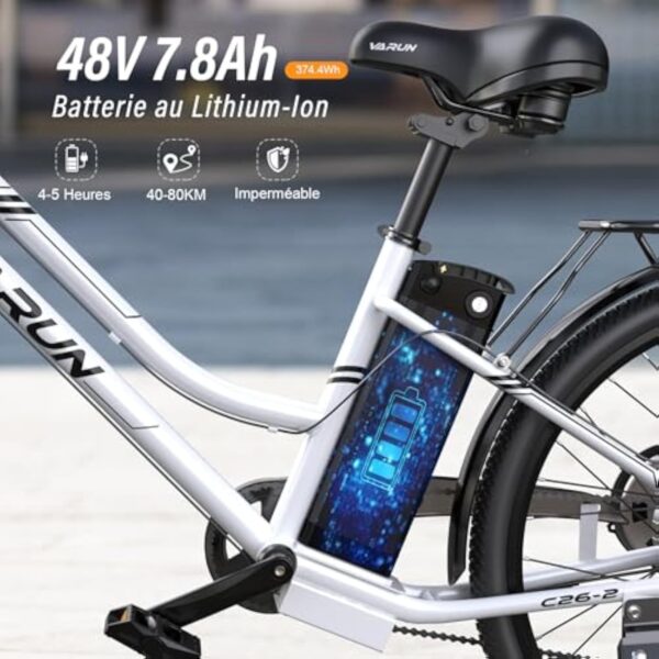 VARUN Vélo Électrique, Velo Electrique Adulte 26 Pouces, Moteur 250W, Batterie Amovible 48V, Autonomie De 80KM, Urban E-Bike avec Pédalage Assisté, 7 Vitesses pour Adulte Homme Femme – Image 3