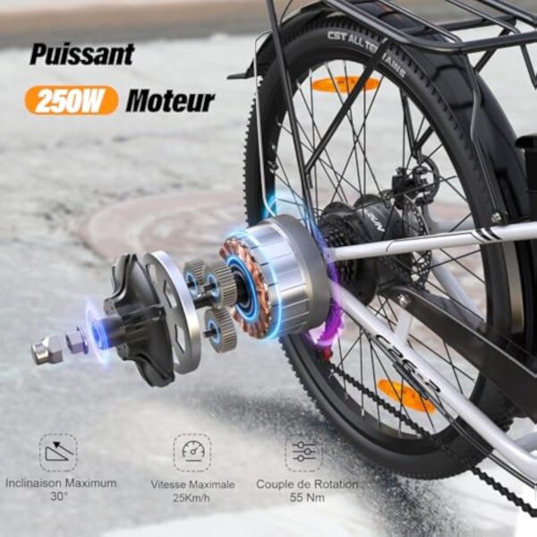 VARUN Vélo Électrique, Velo Electrique Adulte 26 Pouces, Moteur 250W, Batterie Amovible 48V, Autonomie De 80KM, Urban E-Bike avec Pédalage Assisté, 7 Vitesses pour Adulte Homme Femme – Image 4