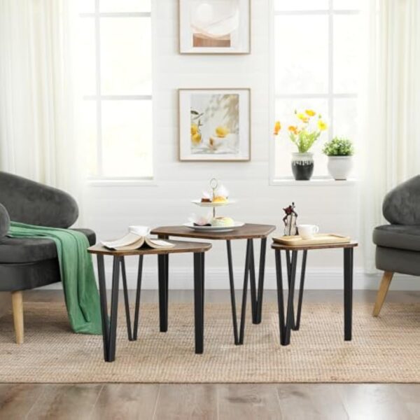 VASAGLE Petite Tables d’appointgigognes, Lot de 3, Bouts de canapé pour Salon, empilable, Robuste, Assemblage Facile, Structure en Acier, Style Industriel, Marron Rustique et Noir LNT14BX – Image 4