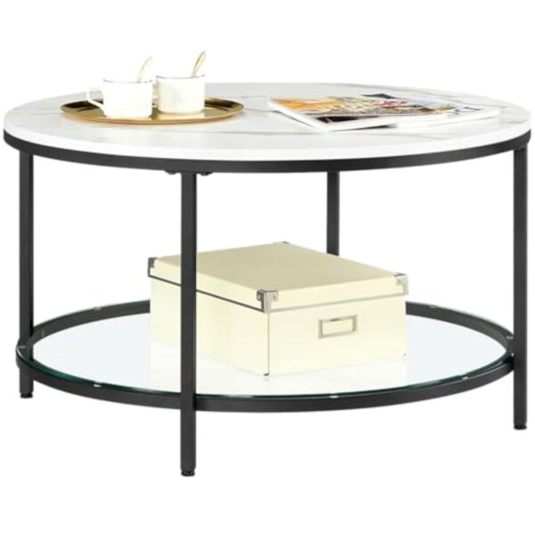 VASAGLE Table Basse, Table de Salon, Table Canapé Apéro, Façon Marbre, Support en Verre Trempé, Facile à Assembler, pour Salon, Style Moderne, Blanc Marbré et Noir d'encre LCT071B13