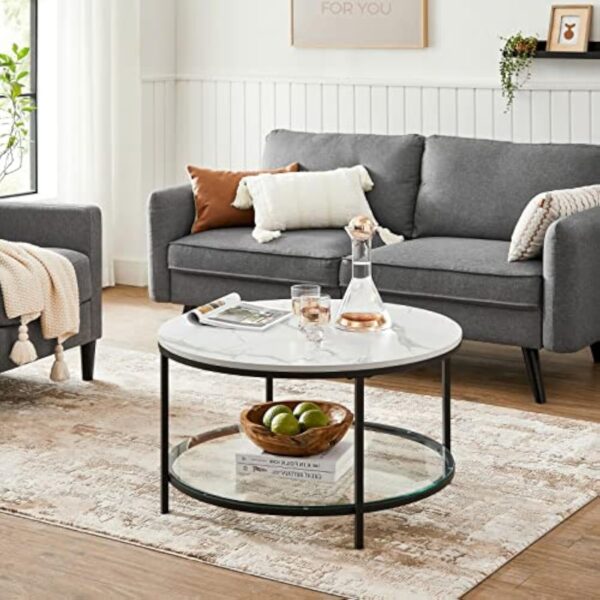 VASAGLE Table Basse, Table de Salon, Table Canapé Apéro, Façon Marbre, Support en Verre Trempé, Facile à Assembler, pour Salon, Style Moderne, Blanc Marbré et Noir d'encre LCT071B13 – Image 3