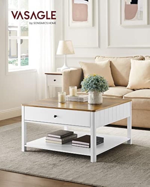 VASAGLE Table Basse, Table de Salon, Table d’Appoint, 2 Grands Tiroirs, avec Pieds, Grand Espace de Rangement, Style Marin, 80 x 80 x 45 cm, pour Salon, Brou de Noix et Blanc LCT207T14 – Image 3