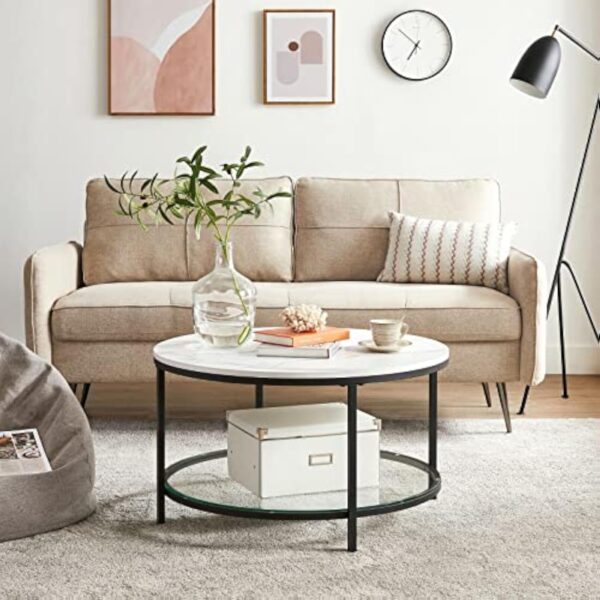 VASAGLE Table Basse, Table de Salon, Table Canapé Apéro, Façon Marbre, Support en Verre Trempé, Facile à Assembler, pour Salon, Style Moderne, Blanc Marbré et Noir d'encre LCT071B13 – Image 4