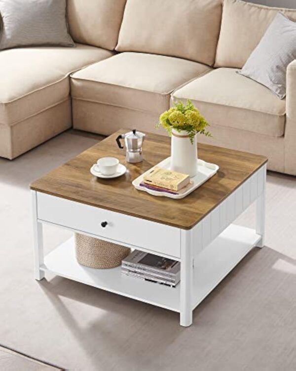 VASAGLE Table Basse, Table de Salon, Table d’Appoint, 2 Grands Tiroirs, avec Pieds, Grand Espace de Rangement, Style Marin, 80 x 80 x 45 cm, pour Salon, Brou de Noix et Blanc LCT207T14 – Image 4