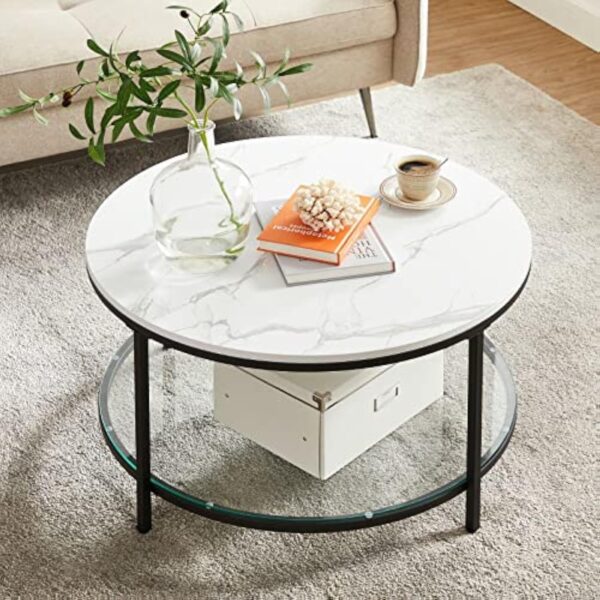 VASAGLE Table Basse, Table de Salon, Table Canapé Apéro, Façon Marbre, Support en Verre Trempé, Facile à Assembler, pour Salon, Style Moderne, Blanc Marbré et Noir d'encre LCT071B13 – Image 5