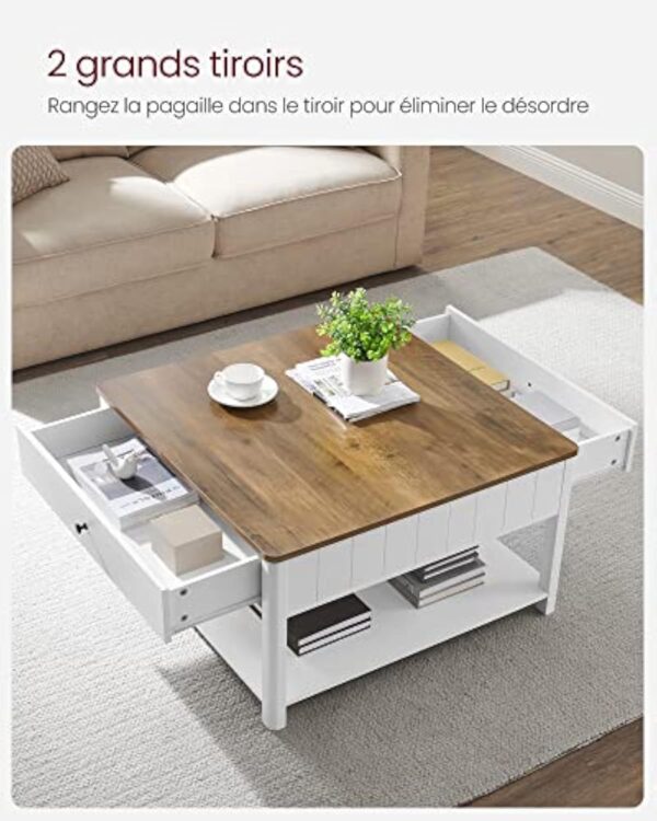 VASAGLE Table Basse, Table de Salon, Table d’Appoint, 2 Grands Tiroirs, avec Pieds, Grand Espace de Rangement, Style Marin, 80 x 80 x 45 cm, pour Salon, Brou de Noix et Blanc LCT207T14 – Image 5