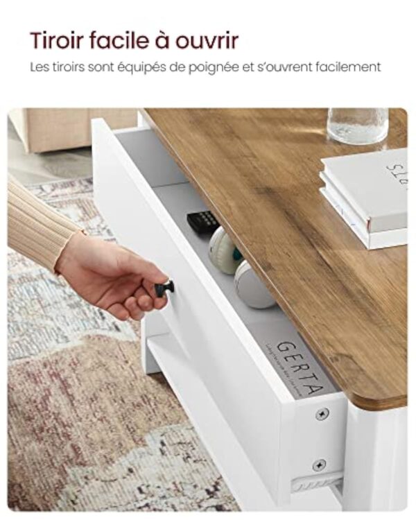 VASAGLE Table Basse, Table de Salon, Table d’Appoint, 2 Grands Tiroirs, avec Pieds, Grand Espace de Rangement, Style Marin, 80 x 80 x 45 cm, pour Salon, Brou de Noix et Blanc LCT207T14 – Image 7