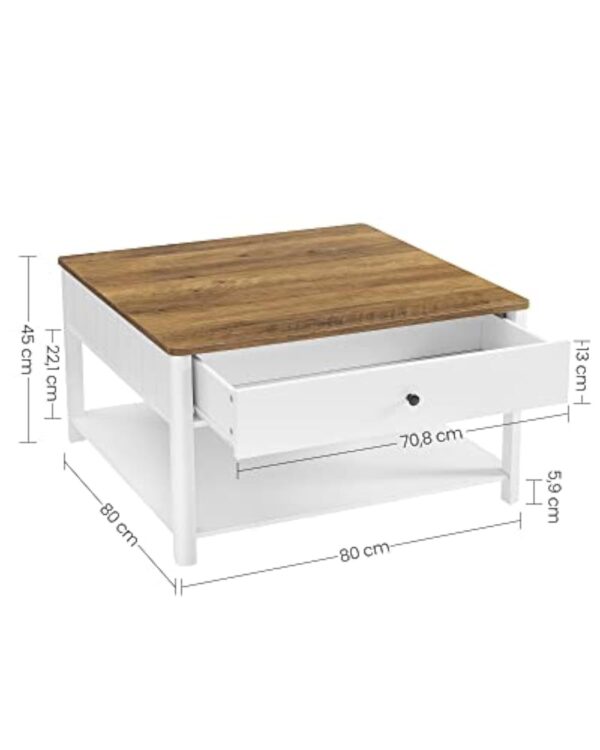 VASAGLE Table Basse, Table de Salon, Table d’Appoint, 2 Grands Tiroirs, avec Pieds, Grand Espace de Rangement, Style Marin, 80 x 80 x 45 cm, pour Salon, Brou de Noix et Blanc LCT207T14 – Image 8