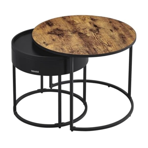 VASAGLE Tables Basses, Lot de 2, Tables d’Appoint Rondes, Tables Gigognes, Style Moderne, Rangement Discret et Plateau, pour Salon, Chambre, Balcon, Marron Rustique et Noir d'encre LCT044K01 – Image 2