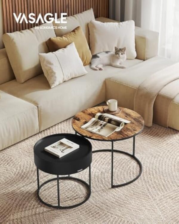 VASAGLE Tables Basses, Lot de 2, Tables d’Appoint Rondes, Tables Gigognes, Style Moderne, Rangement Discret et Plateau, pour Salon, Chambre, Balcon, Marron Rustique et Noir d'encre LCT044K01 – Image 3