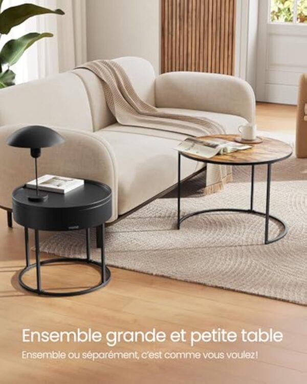 VASAGLE Tables Basses, Lot de 2, Tables d’Appoint Rondes, Tables Gigognes, Style Moderne, Rangement Discret et Plateau, pour Salon, Chambre, Balcon, Marron Rustique et Noir d'encre LCT044K01 – Image 4