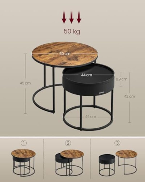 VASAGLE Tables Basses, Lot de 2, Tables d’Appoint Rondes, Tables Gigognes, Style Moderne, Rangement Discret et Plateau, pour Salon, Chambre, Balcon, Marron Rustique et Noir d'encre LCT044K01 – Image 6