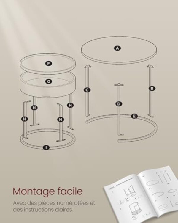VASAGLE Tables Basses, Lot de 2, Tables d’Appoint Rondes, Tables Gigognes, Style Moderne, Rangement Discret et Plateau, pour Salon, Chambre, Balcon, Marron Rustique et Noir d'encre LCT044K01 – Image 7