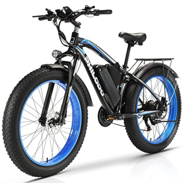 PHILODO Vélo électrique pour Adultes, 26 * 4 inch Fat Tire 48V 17.5Ah Batterie Amovible autonomie 50KM-70KM vélos électriques, 21 Vitesses, Suspension Avant, Frein à Disque hydraulique