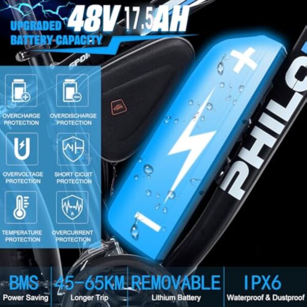 PHILODO Vélo électrique pour Adultes, 26 * 4 inch Fat Tire 48V 17.5Ah Batterie Amovible autonomie 50KM-70KM vélos électriques, 21 Vitesses, Suspension Avant, Frein à Disque hydraulique – Image 6