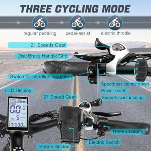 PHILODO Vélo électrique pour Adultes, 26 * 4 inch Fat Tire 48V 17.5Ah Batterie Amovible autonomie 50KM-70KM vélos électriques, 21 Vitesses, Suspension Avant, Frein à Disque hydraulique – Image 7