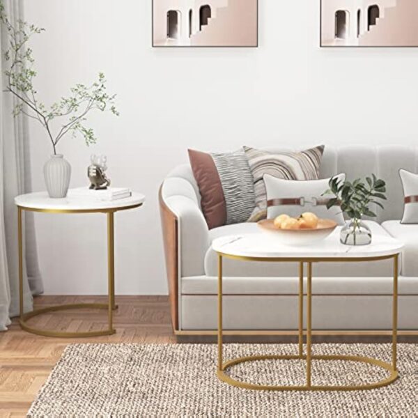 sogesfurniture Table Gigognes Salon, Table d'appoint, Table Basse Ronde de Canapé avec Cadre en Métal Doré pour Salon Balcon Terrasse et la Chambre – Image 3