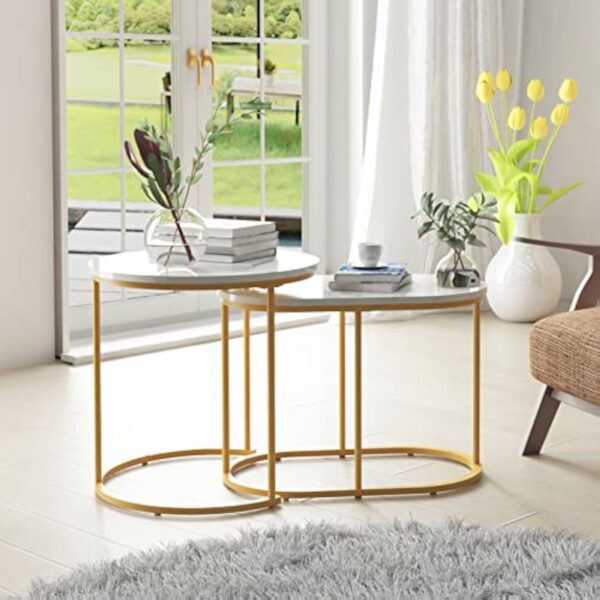 sogesfurniture Table Gigognes Salon, Table d'appoint, Table Basse Ronde de Canapé avec Cadre en Métal Doré pour Salon Balcon Terrasse et la Chambre – Image 4