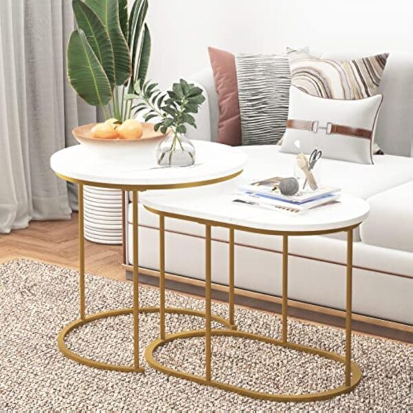 sogesfurniture Table Gigognes Salon, Table d'appoint, Table Basse Ronde de Canapé avec Cadre en Métal Doré pour Salon Balcon Terrasse et la Chambre – Image 5