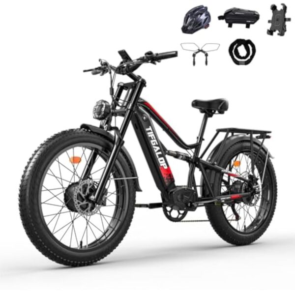 tifgalop Vélo électrique pour Adultes, vélo électrique Tout-Terrain 26 Pouces, Double Moteurs, Double amortisseurs, 7 Vitesses, Batterie au Lithium 52V 21Ah, autonomie jusqu'à 40-80 kilomètres – Image 2