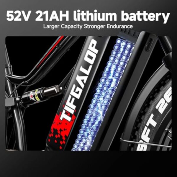 tifgalop Vélo électrique pour Adultes, vélo électrique Tout-Terrain 26 Pouces, Double Moteurs, Double amortisseurs, 7 Vitesses, Batterie au Lithium 52V 21Ah, autonomie jusqu'à 40-80 kilomètres – Image 4