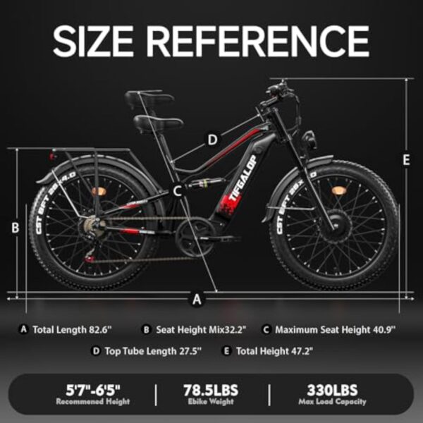 tifgalop Vélo électrique pour Adultes, vélo électrique Tout-Terrain 26 Pouces, Double Moteurs, Double amortisseurs, 7 Vitesses, Batterie au Lithium 52V 21Ah, autonomie jusqu'à 40-80 kilomètres – Image 9