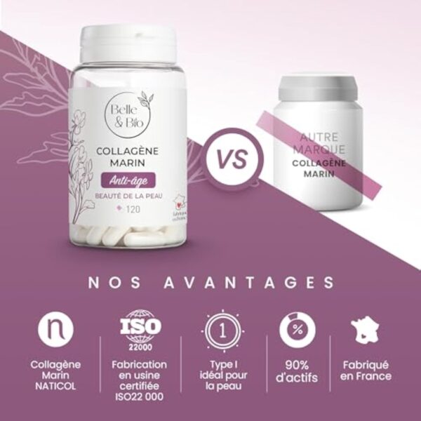 ANTI-ÂGE & TONICITÉ DE LA PEAU - Collagène Marin 90% protéines actives - Vitamines C et E et SELENIUM - 120 gélules - Cure 2 mois - Complément Alimentaire BELLE&BIO - Fabriqué en France – Image 6
