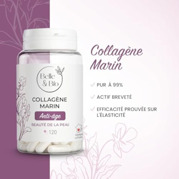 ANTI-ÂGE & TONICITÉ DE LA PEAU - Collagène Marin 90% protéines actives - Vitamines C et E et SELENIUM - 120 gélules - Cure 2 mois - Complément Alimentaire BELLE&BIO - Fabriqué en France – Image 7